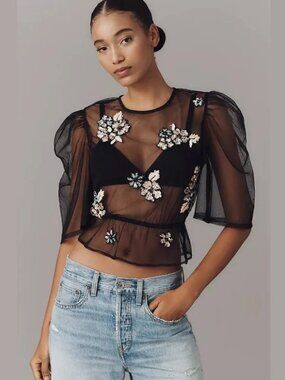 NWT Anthropologie Embellished Sheer Floral Sequin Blouse